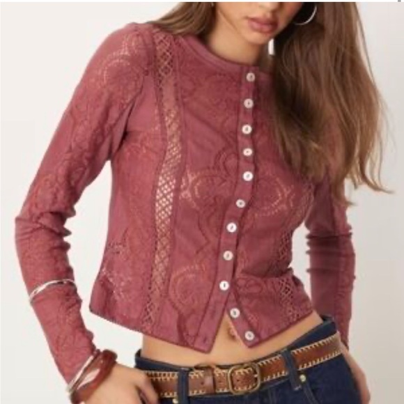 Free People Lace Blouse Cranberry Top - Picture 3 of 6